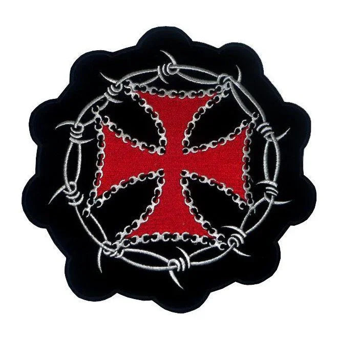 barbed wire & iron cross biker motorcycle embroidery patch -