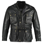 Black Benjamin Button Long Biker Leather Jacket Motorcycle -