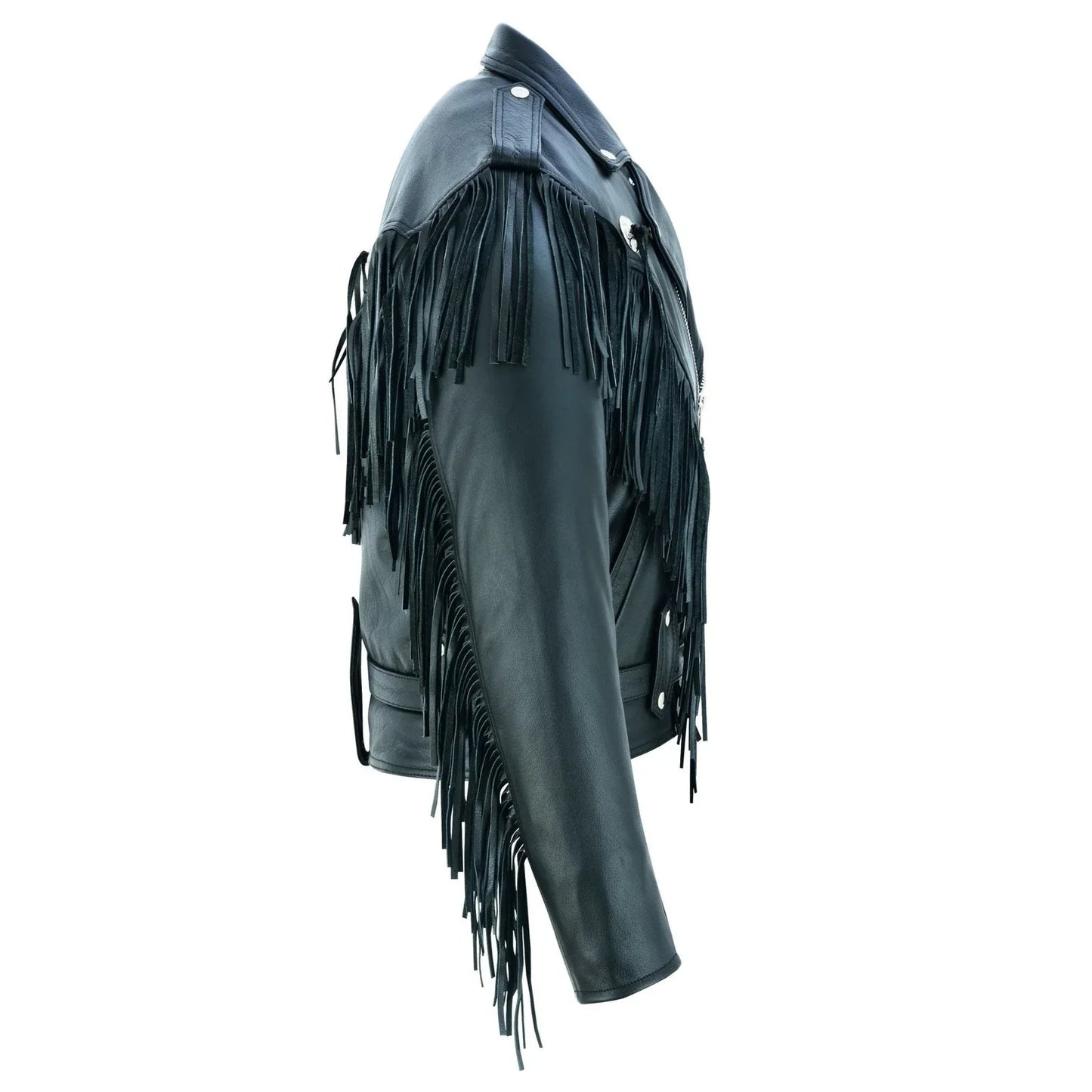 black biker fringe leather jacket - tassle concho premium motorcycle -