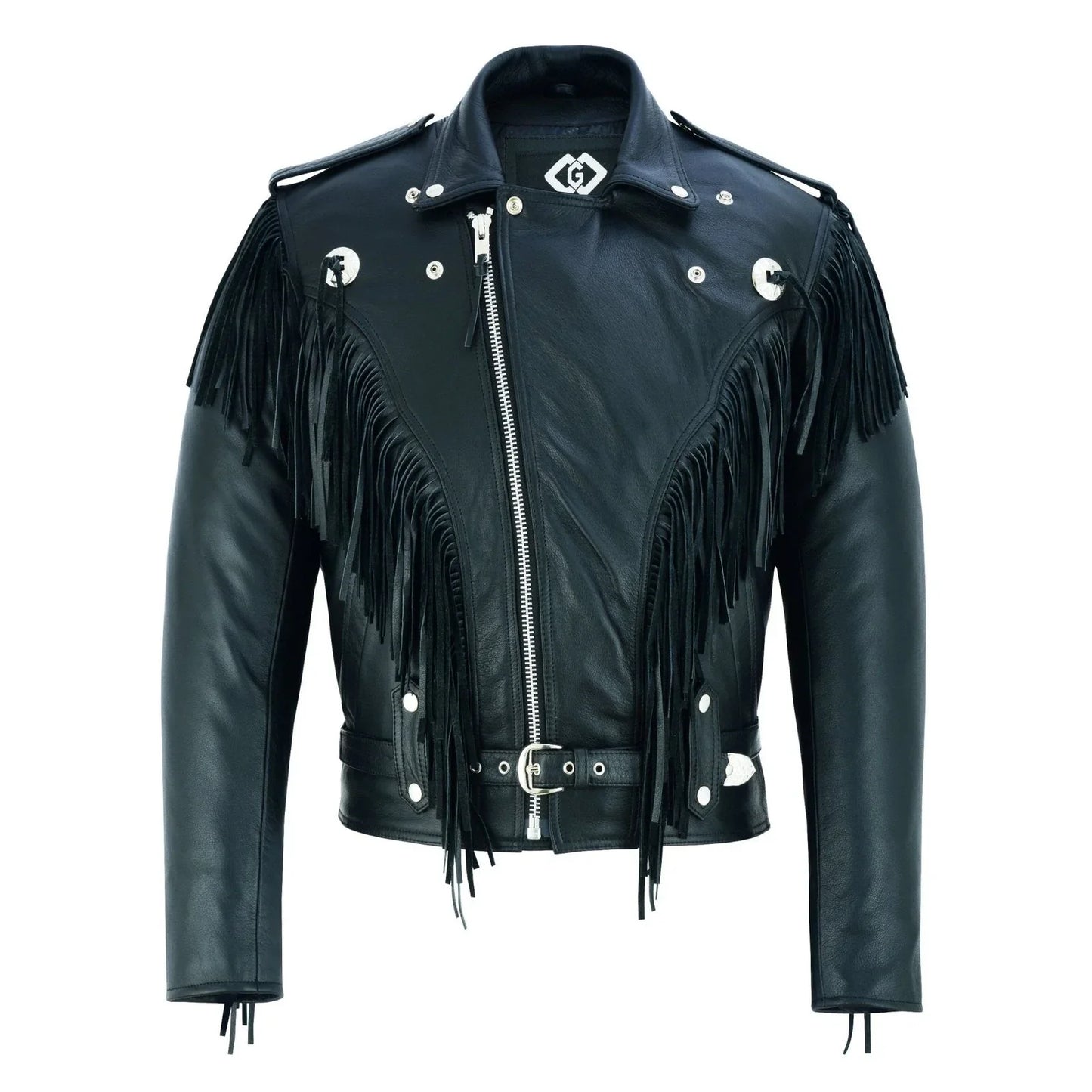 black biker fringe leather jacket - tassle concho premium motorcycle -