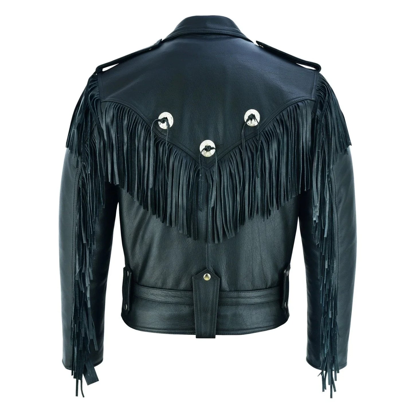 black biker fringe leather jacket - tassle concho premium motorcycle -