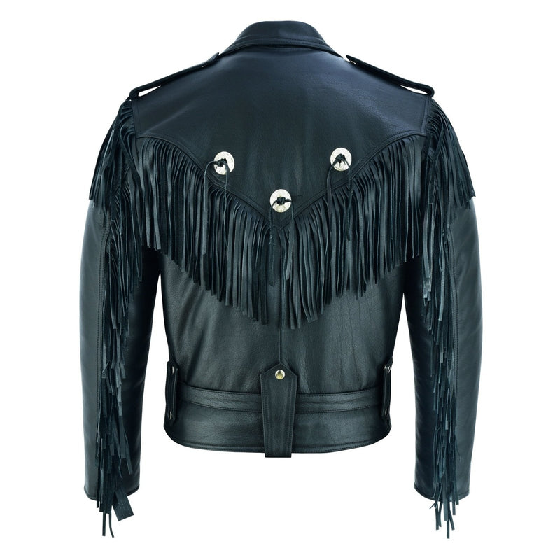 Black Biker Fringe Leather Jacket - Tassle Concho Premium Motorcycle -