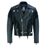 Black Biker Fringe Leather Jacket - Tassle Concho Premium Motorcycle -