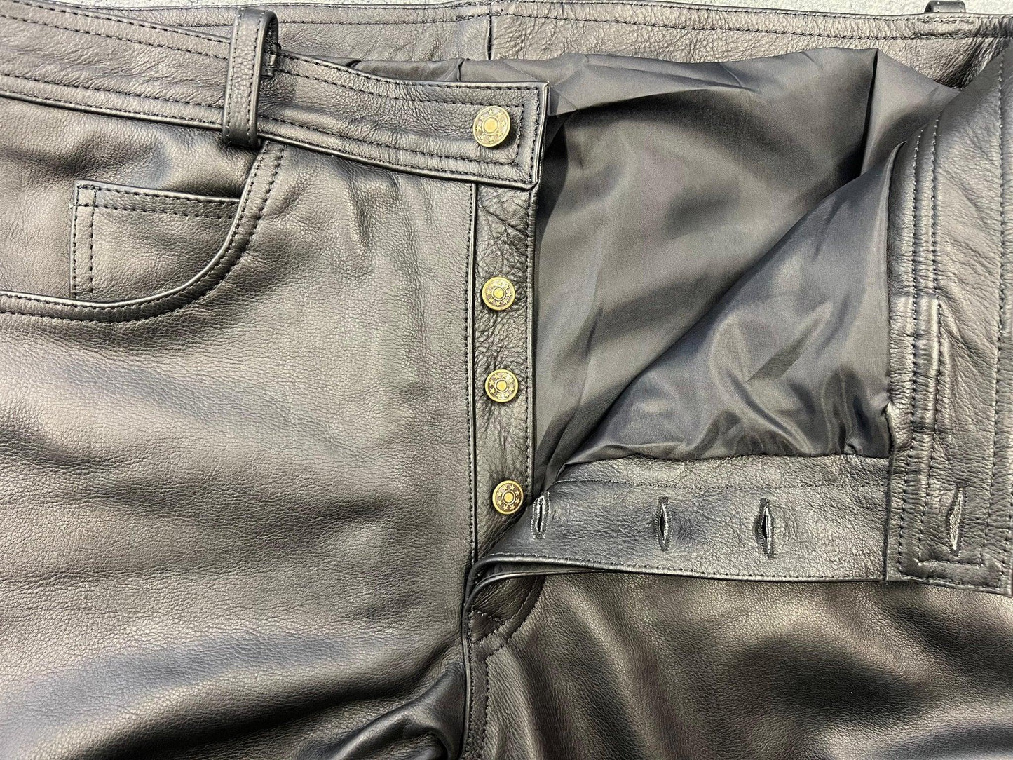 black classic fitted biker cowhide leather trousers button fly -