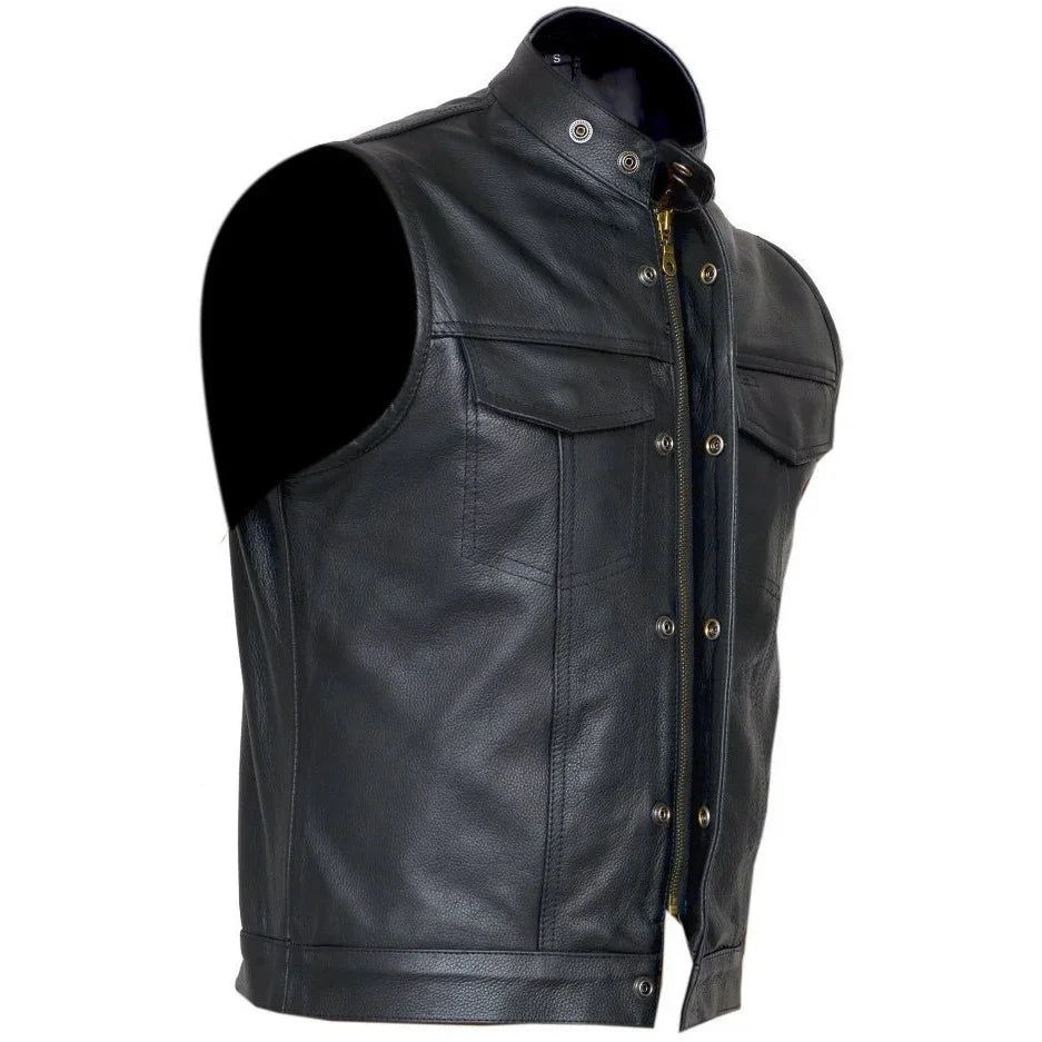 black cut off gilet cowhide leather mens waistcoat -