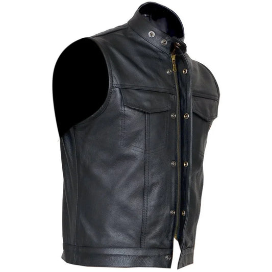 Black Cut Off Gilet Cowhide Leather Mens Waistcoat -
