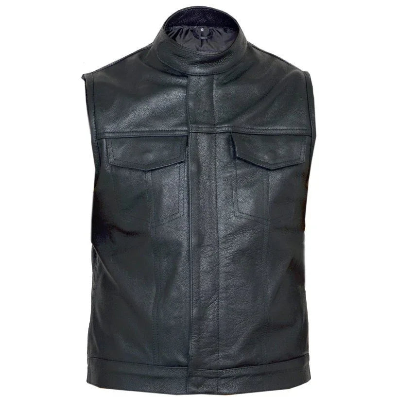 black cut off gilet cowhide leather mens waistcoat -