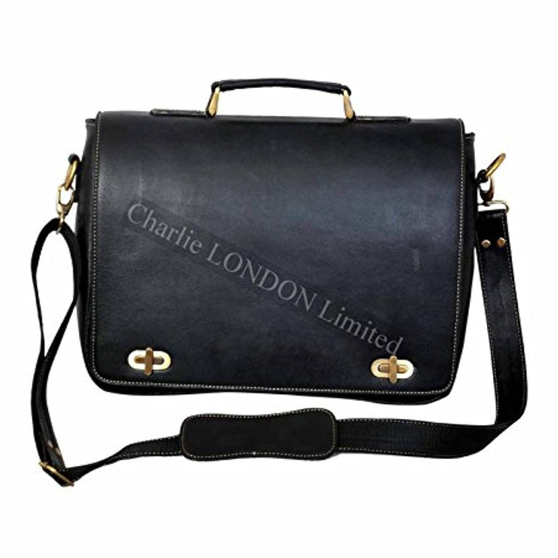 Black Leather Laptop MacBook Messenger Bags -