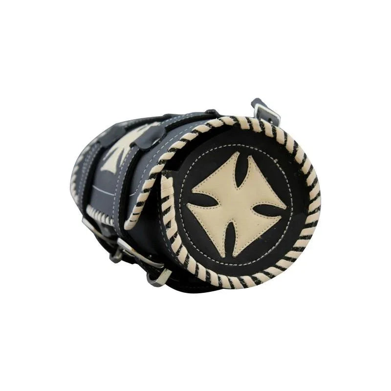 black motorcycle leather tool bag with cream iron cross -