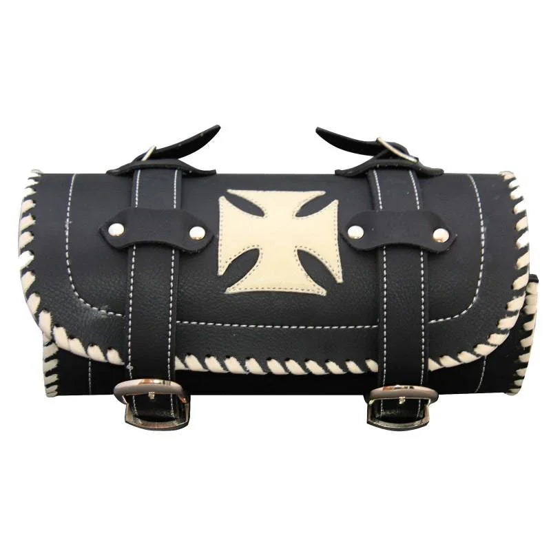 black motorcycle leather tool bag with cream iron cross -