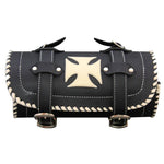 Black Motorcycle Leather Tool Bag with Cream Iron Cross -