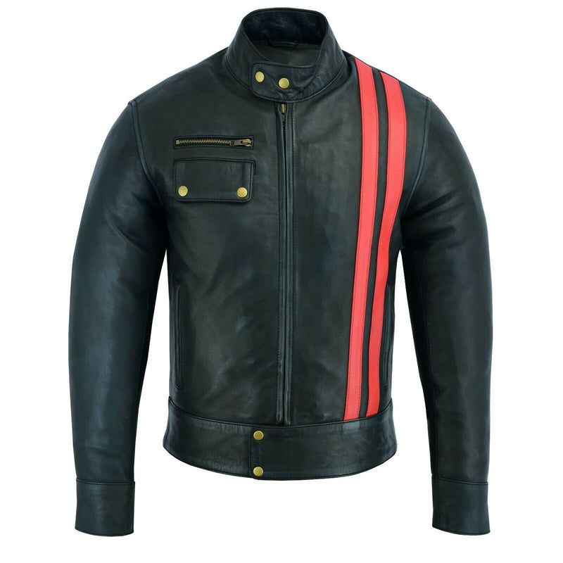 Black Smart Cafe Racer Retro Style Red Striped Biker Leather Jacket Motorcycle -