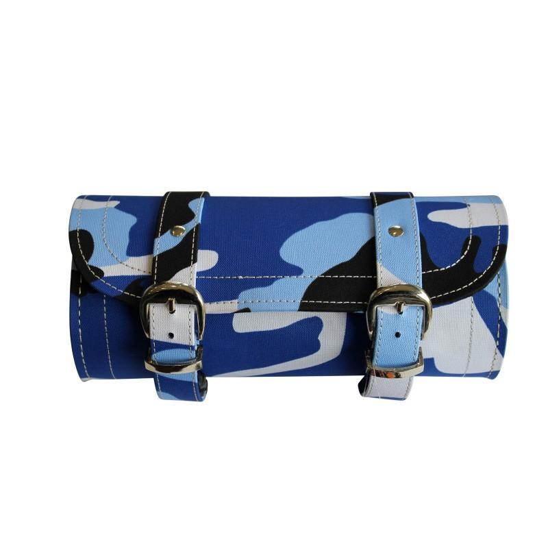 blue camouflage print biker motorcycle tool roll bag -