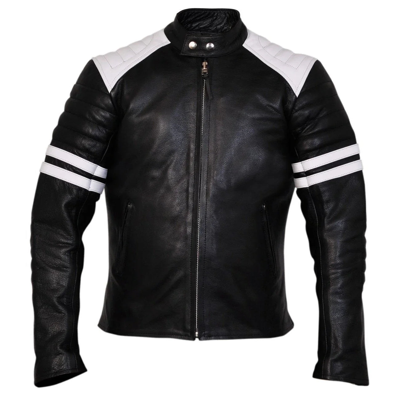 Brad Pitt Black and White Fight Club Cowhide Leather Jacket -