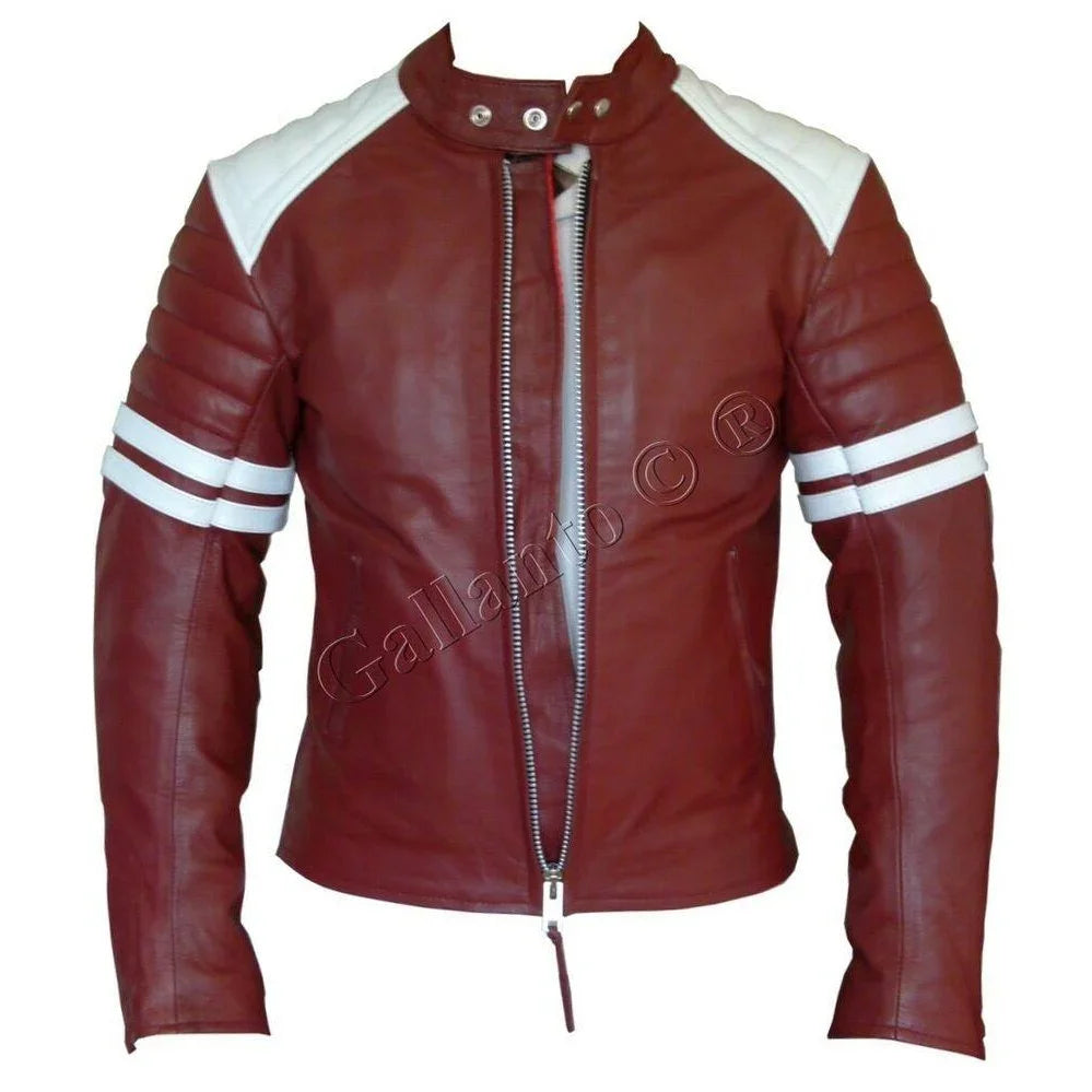 brad pitt red and white fight club cowhide biker leather jacket -
