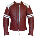 Brad Pitt Red and White Fight Club Cowhide Biker Leather Jacket -