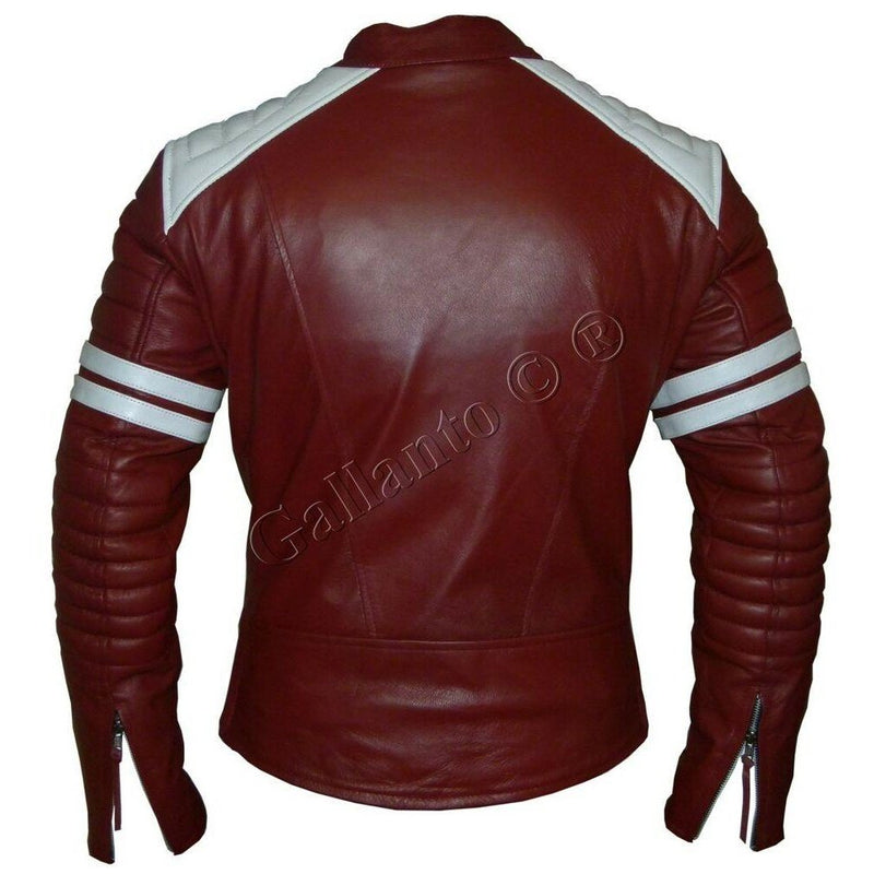 Brad Pitt Red and White Fight Club Cowhide Biker Leather Jacket -