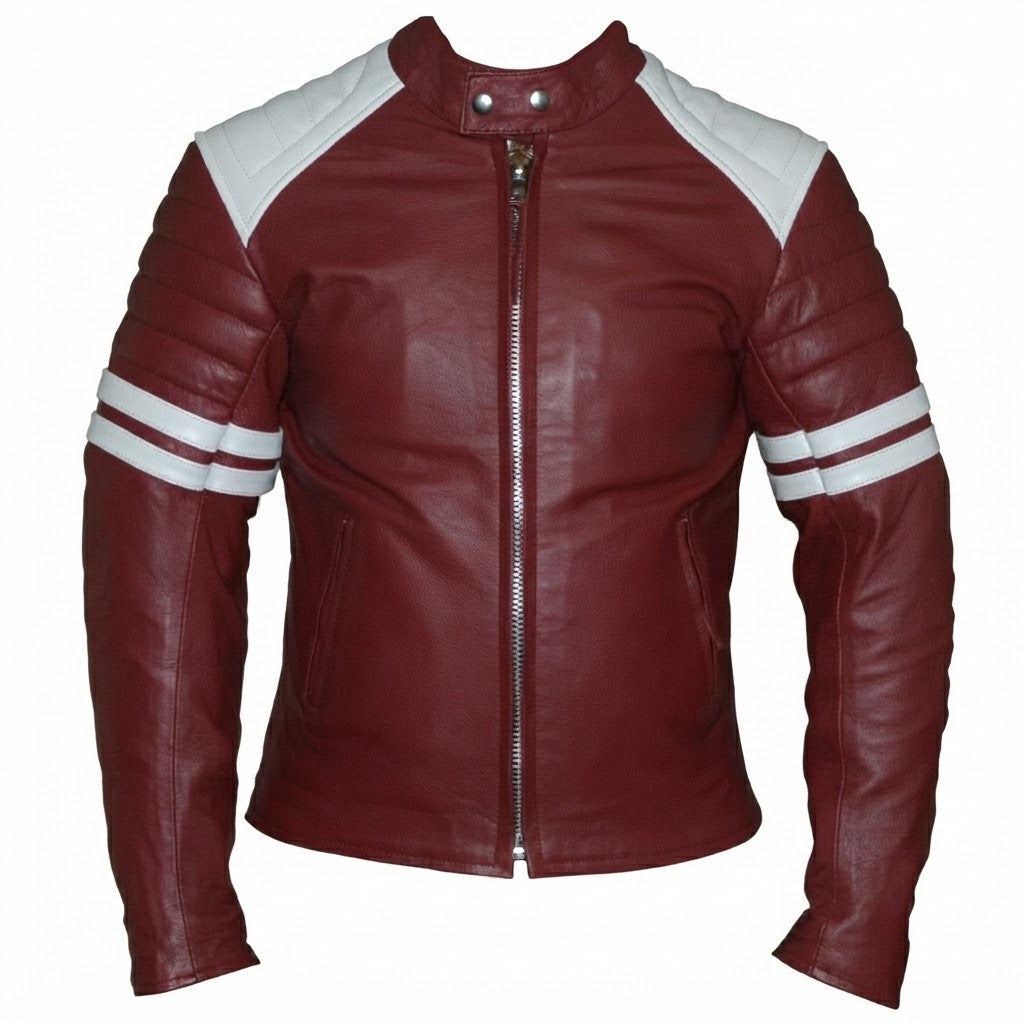 Brad Pitt Red and White Fight Club Cowhide Biker Leather Jacket -