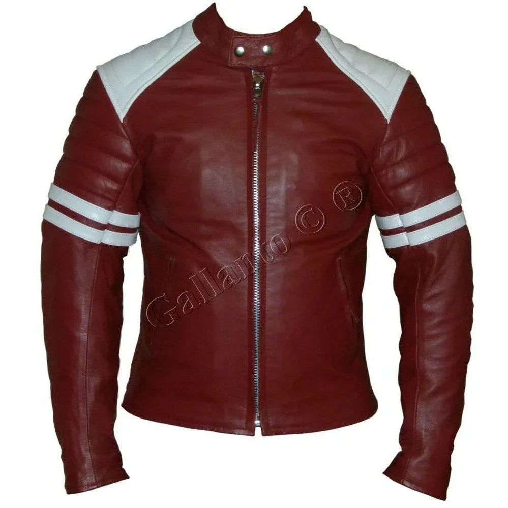 brad pitt red and white fight club cowhide biker leather jacket -