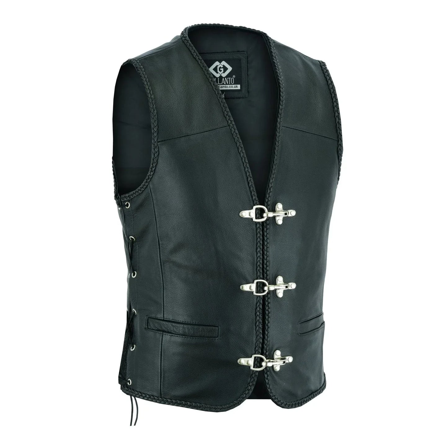 braided mens leather waistcoat motorcycle biker vest black with hooks -