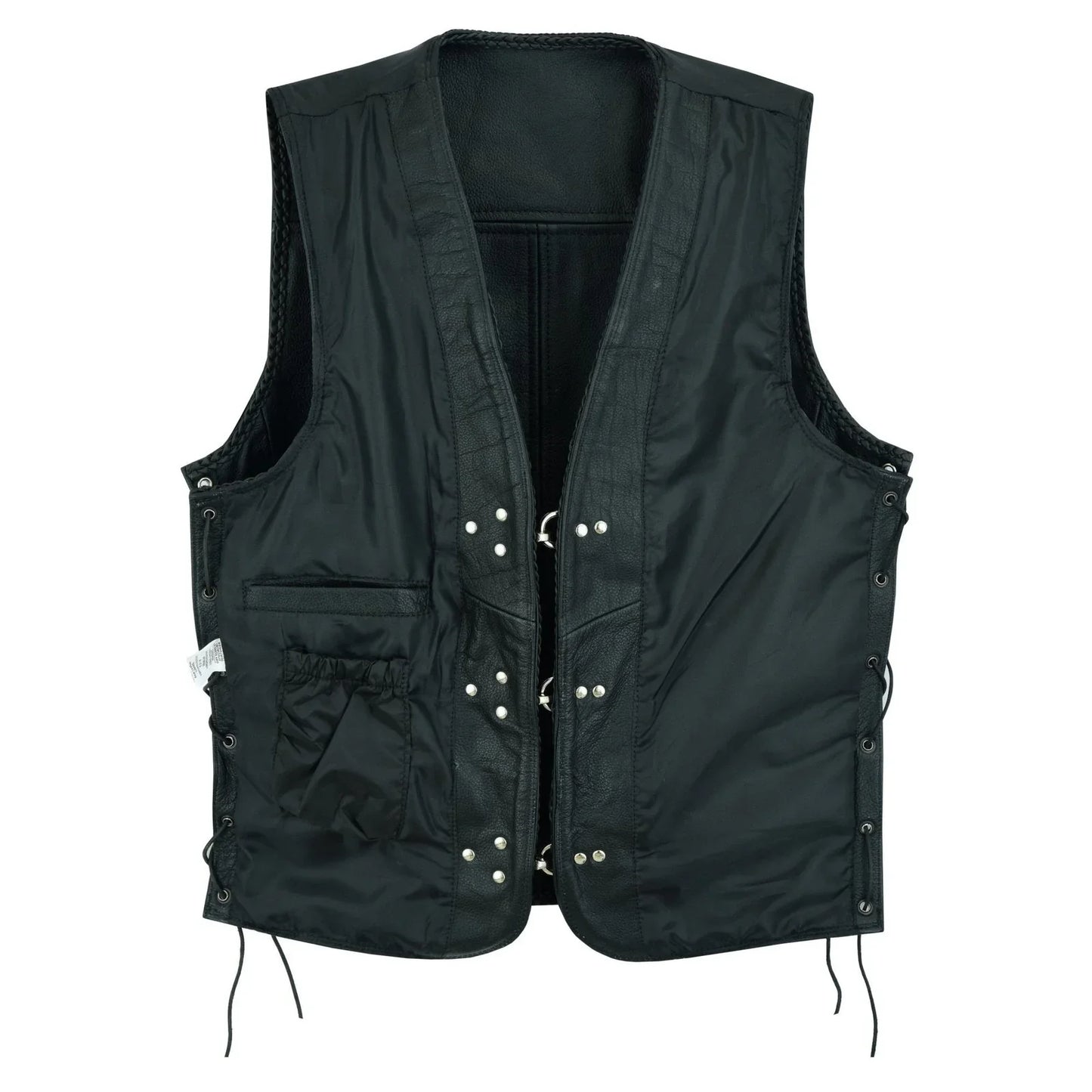 braided mens leather waistcoat motorcycle biker vest black with hooks -
