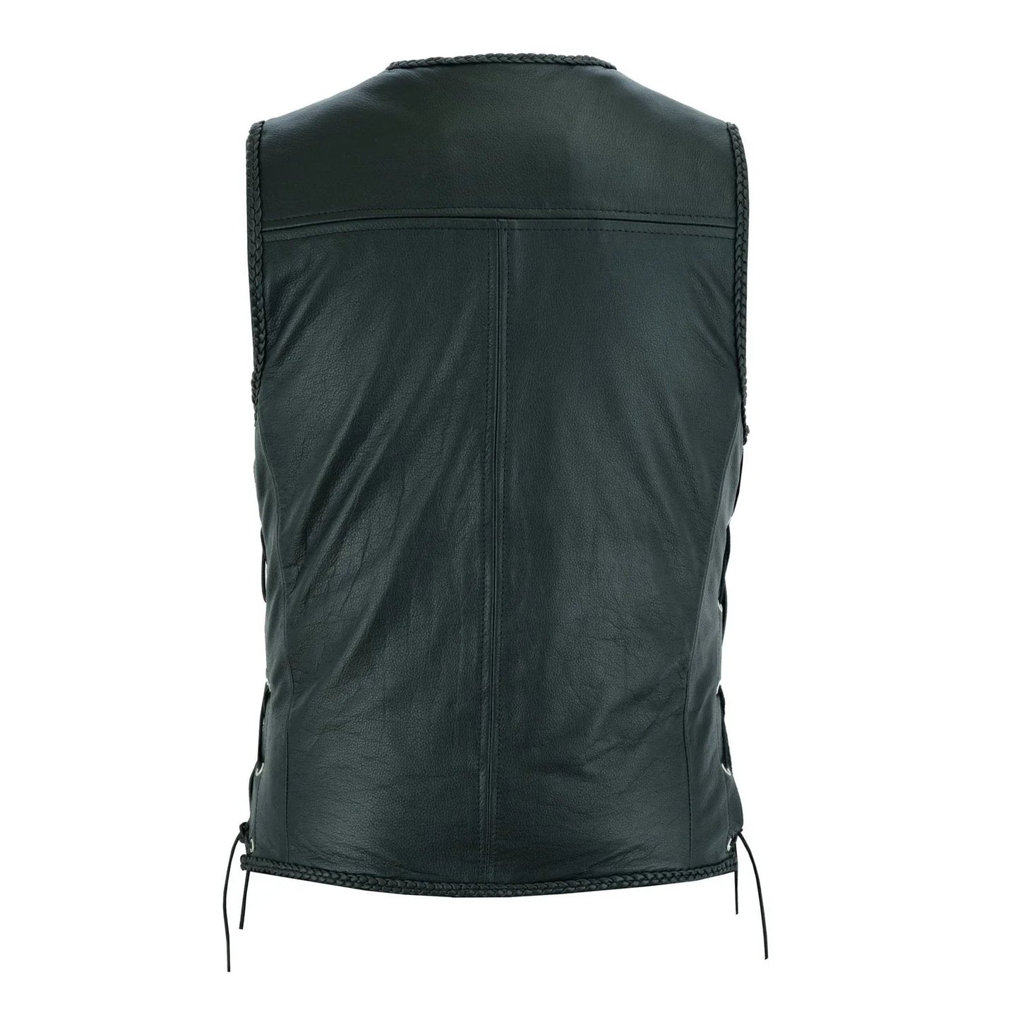 braided mens leather waistcoat motorcycle biker vest black with hooks -