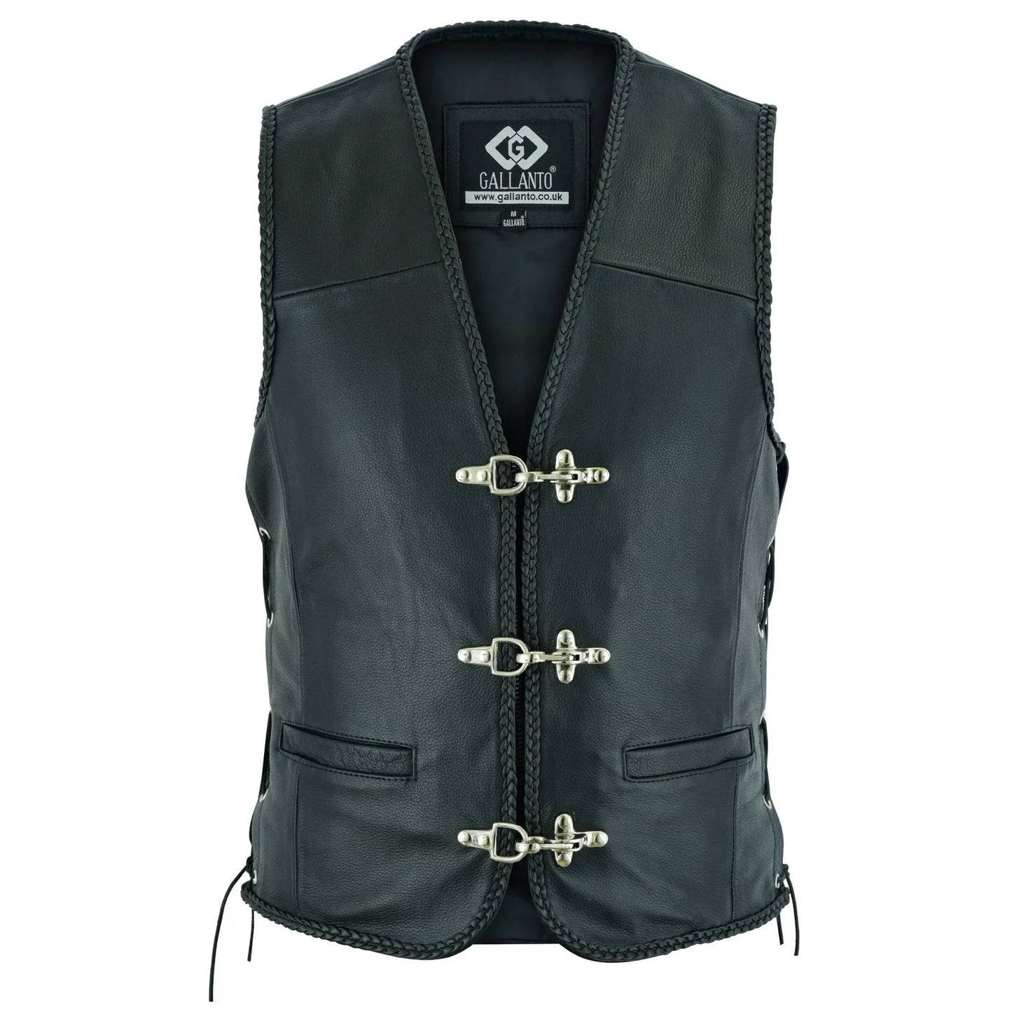 braided mens leather waistcoat motorcycle biker vest black with hooks -