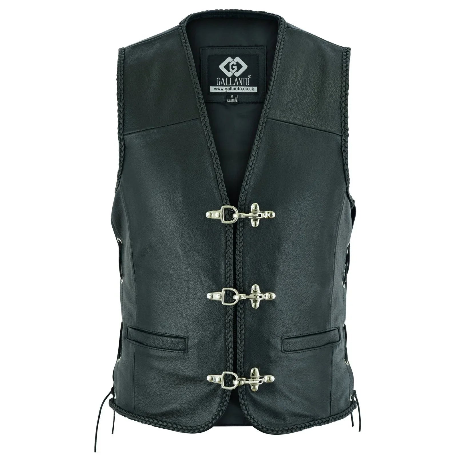 Braided Mens Leather Waistcoat Motorcycle Biker Vest Black with Hooks -