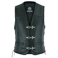 Braided Mens Leather Waistcoat Motorcycle Biker Vest Black with Hooks -