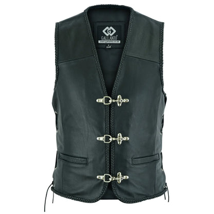 Braided Mens Leather Waistcoat Motorcycle Biker Vest Black with Hooks -