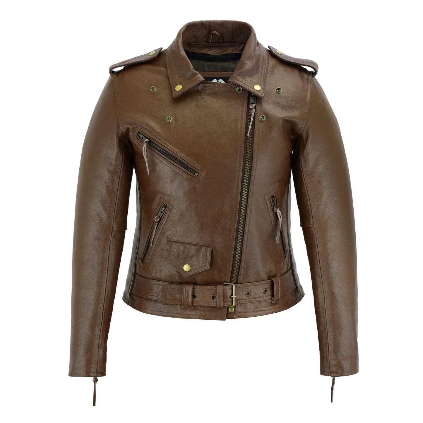 brown classic womens brando motorcycle leather jacket ladies biker cowhide -