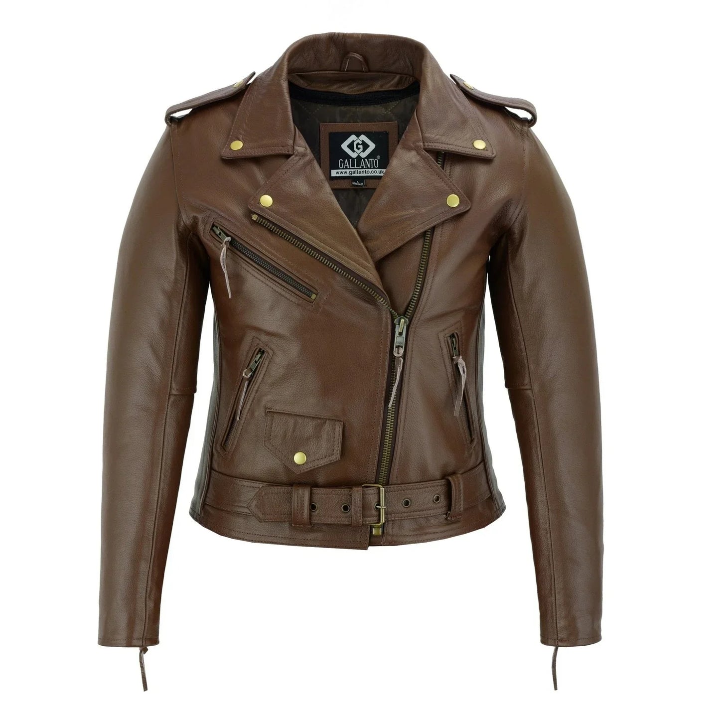 brown classic womens brando motorcycle leather jacket ladies biker cowhide -