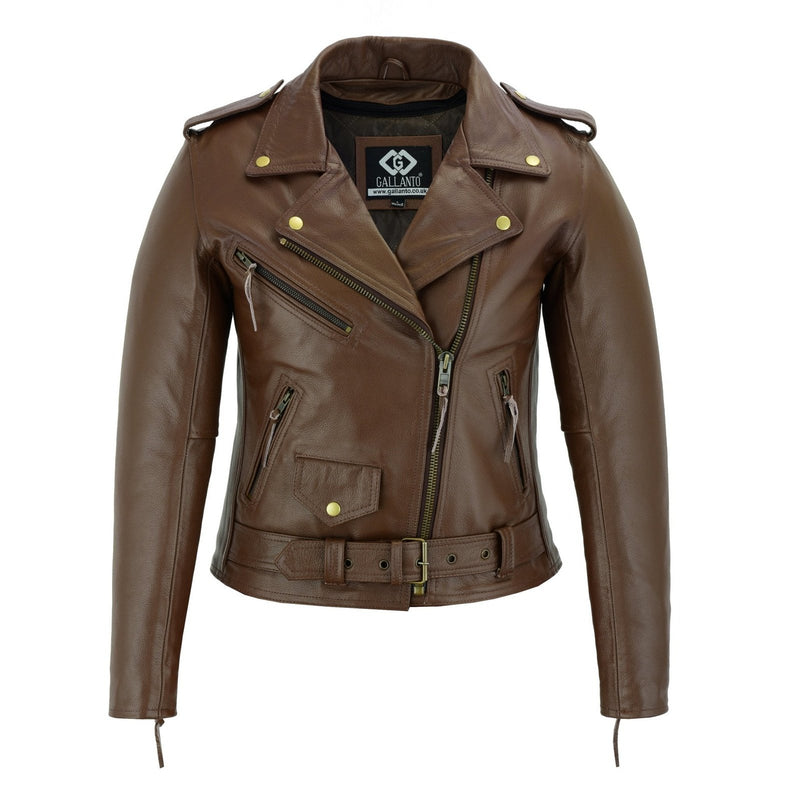 Brown Classic Womens Brando Motorcycle Leather Jacket Ladies Biker Cowhide -