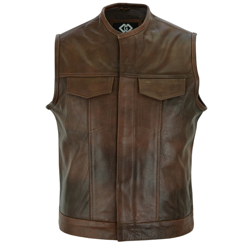 Brown Collarless Sons of Anarchy Cut Off Cowhide Leather Vest Biker Motorcycle -