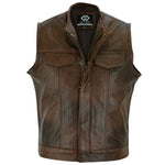 Brown Collarless Sons of Anarchy Cut Off Cowhide Leather Vest Biker Motorcycle -