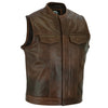 Brown Collarless Sons of Anarchy Cut Off Cowhide Leather Vest Biker Motorcycle -