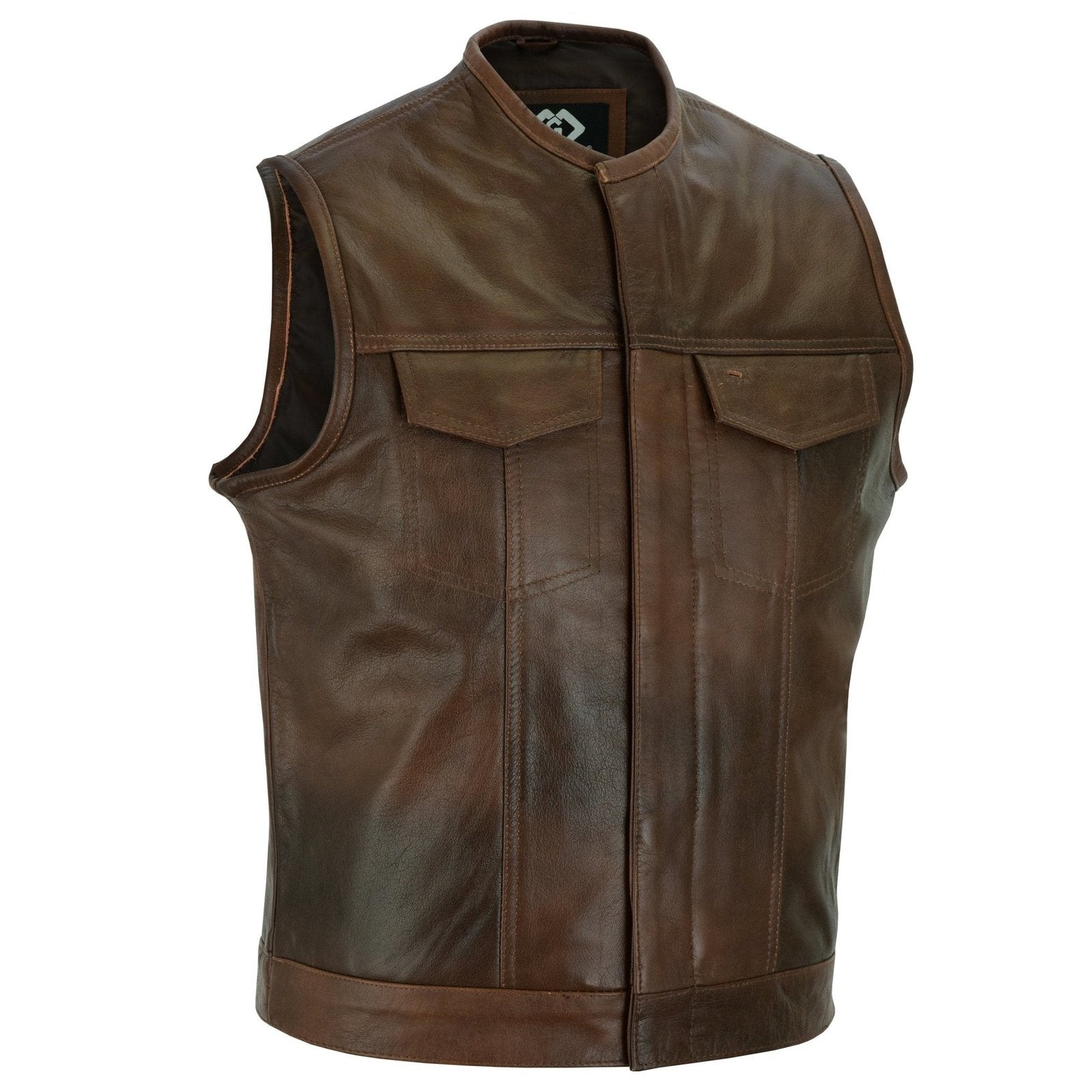 Brown Collarless Sons of Anarchy Cut Off Cowhide Leather Vest Biker Mo ...