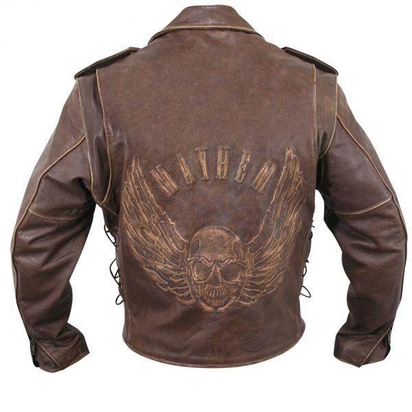 brown distressed leather motorcycle armoured jacket with embossed flying skull -