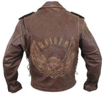 Brown Distressed Leather Motorcycle Armoured Jacket with Embossed Flying Skull -