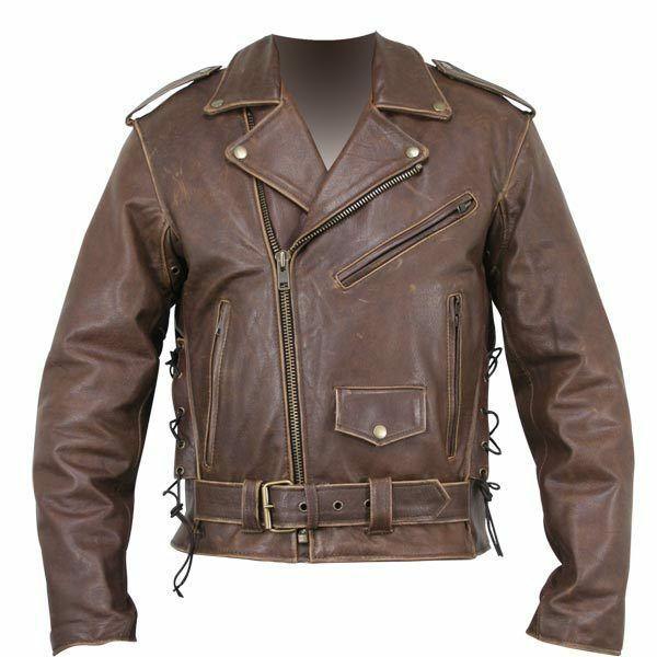 brown distressed leather motorcycle armoured jacket with embossed flying skull -