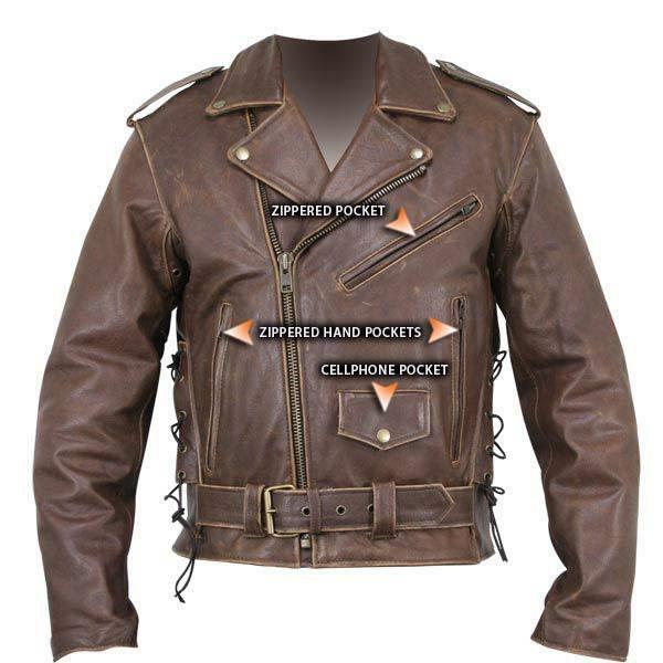 brown distressed leather motorcycle armoured jacket with embossed flying skull -