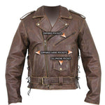 Brown Distressed Leather Motorcycle Armoured Jacket with Embossed Flying Skull -