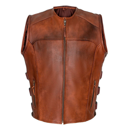 Brown Premium Perforated Leather Biker Vest SWAT Motorcyle -