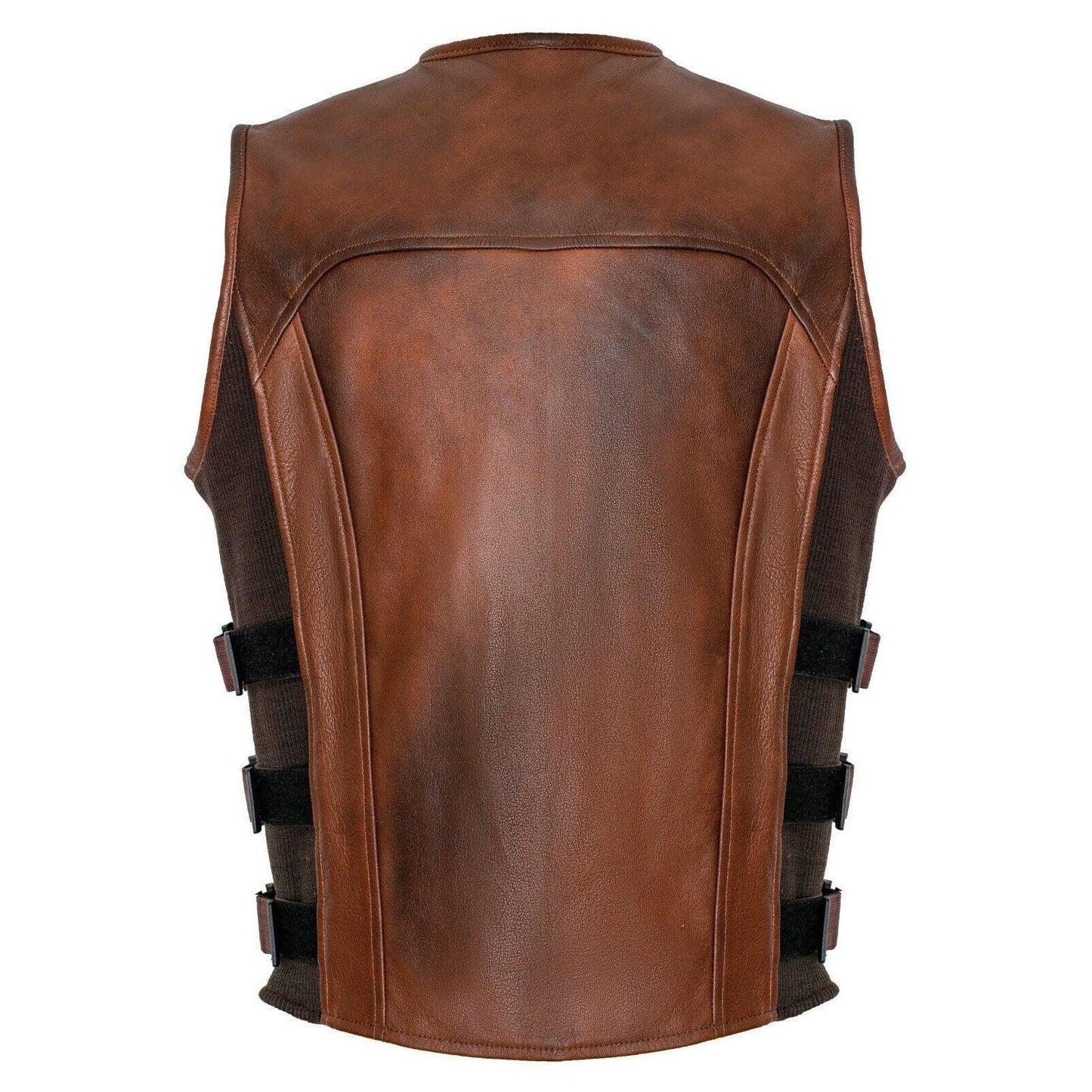 brown premium perforated leather biker vest swat motorcyle -