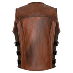 Brown Premium Perforated Leather Biker Vest SWAT Motorcyle -