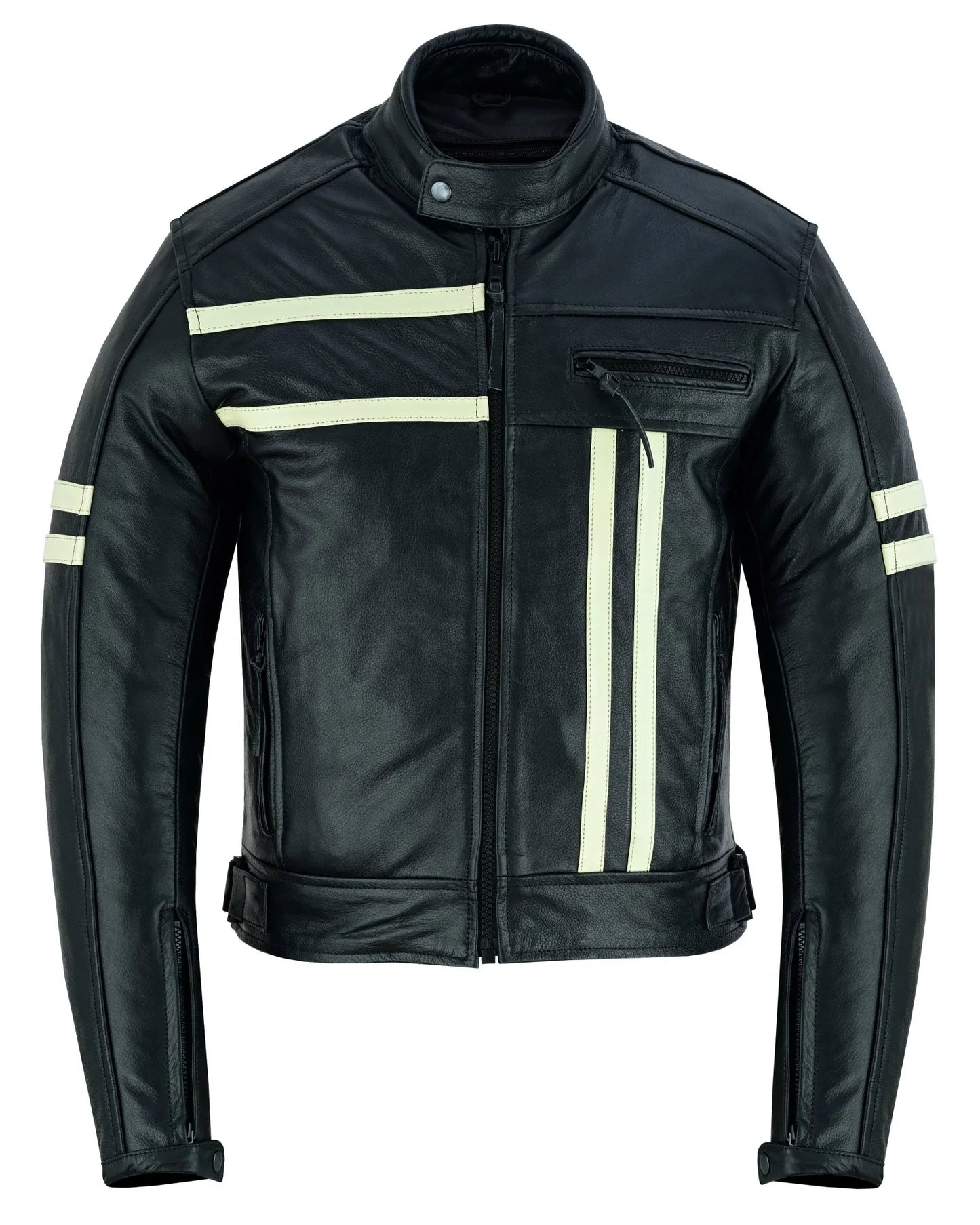 cafe racer black cruiser motorcycle leather jacket creme stripe -