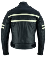 Cafe Racer Black Cruiser Motorcycle Leather Jacket Creme Stripe -