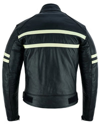 Cafe Racer Black Cruiser Motorcycle Leather Jacket Creme Stripe -