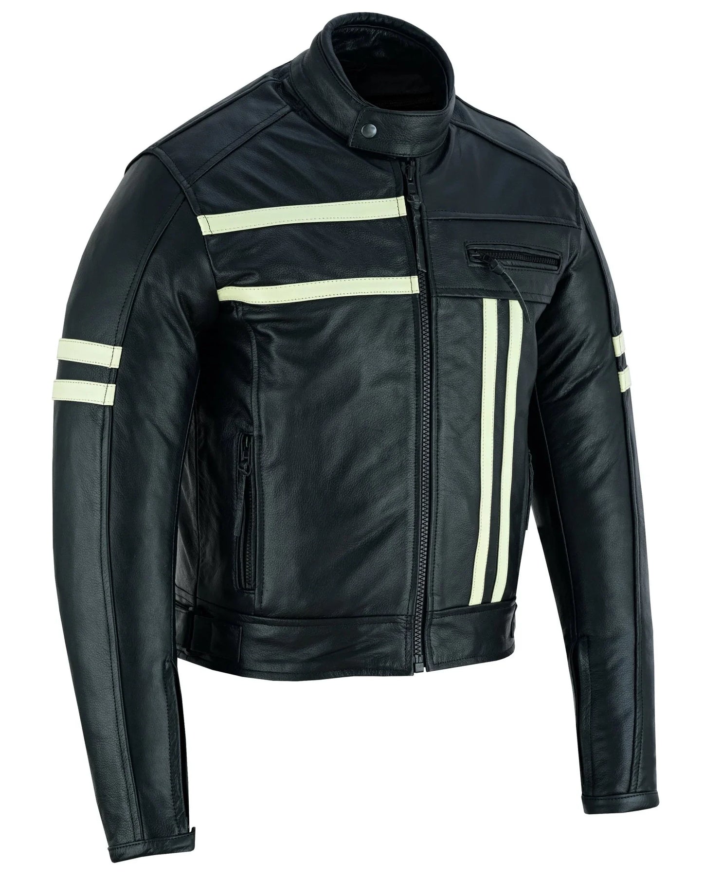 cafe racer black cruiser motorcycle leather jacket creme stripe -