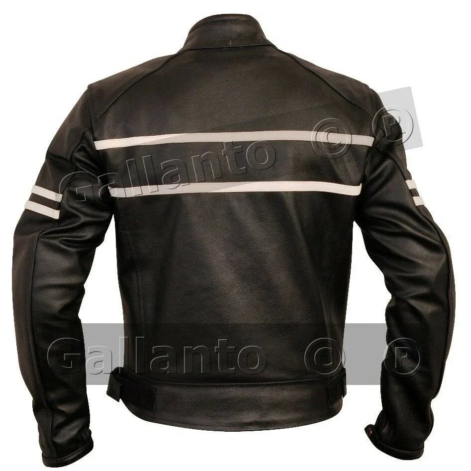 cafe racer black cruiser motorcycle leather jacket creme stripe -
